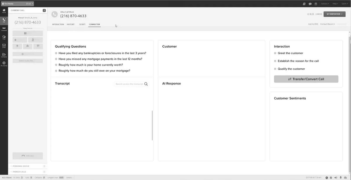 Mid-call wireframe with a stepped call checklist and live transcript